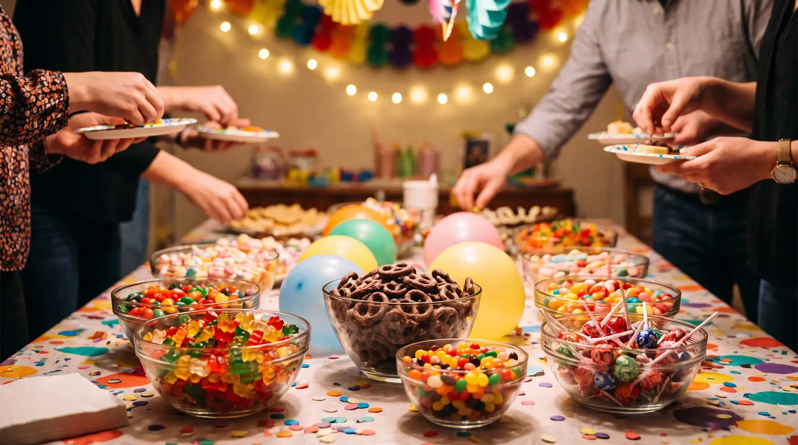 Bright candy in glass bowls on a festive party table with guests in the background
