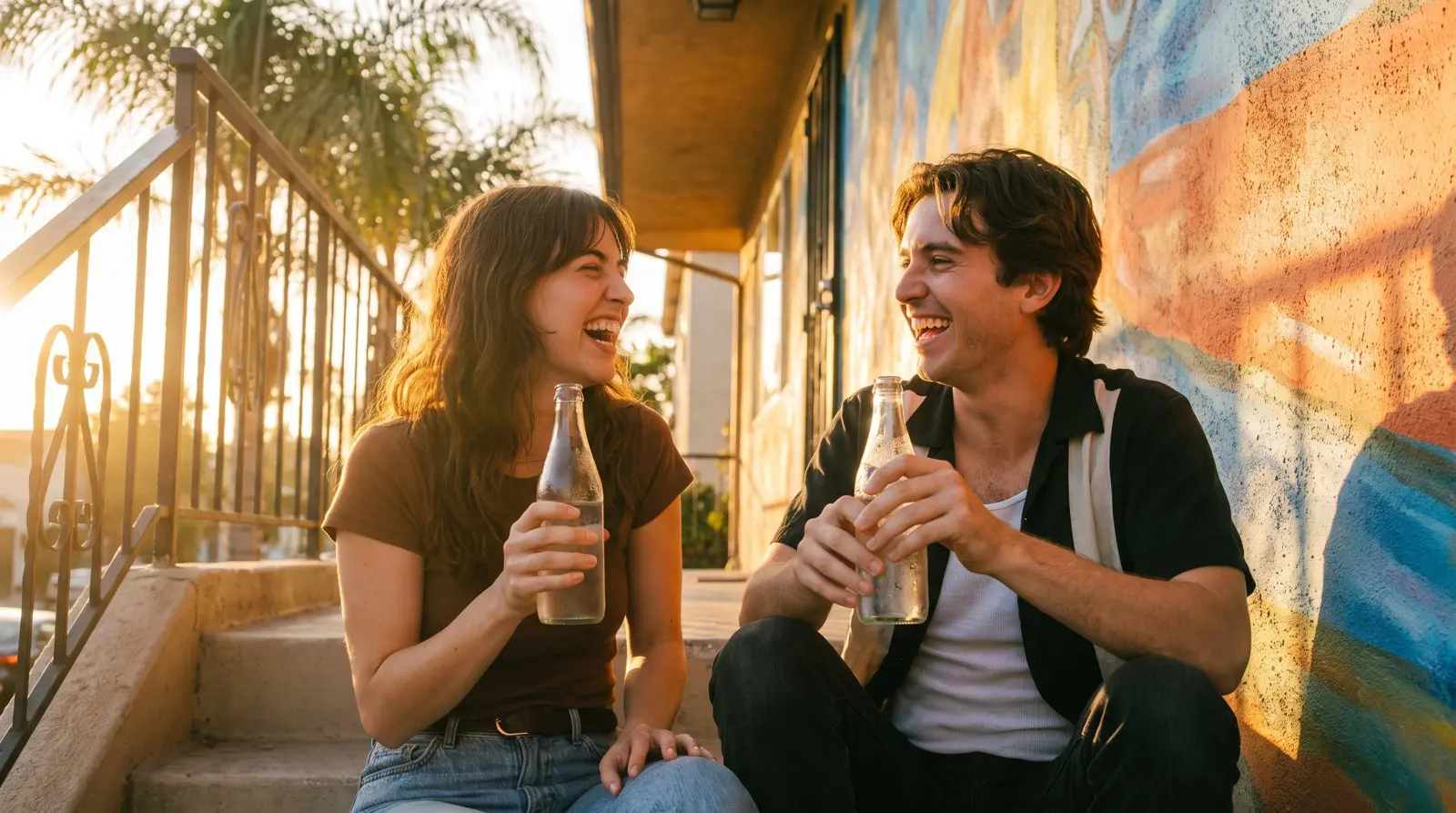 Two friends laughing on sunny Los Angeles steps holding cold glass soda bottles