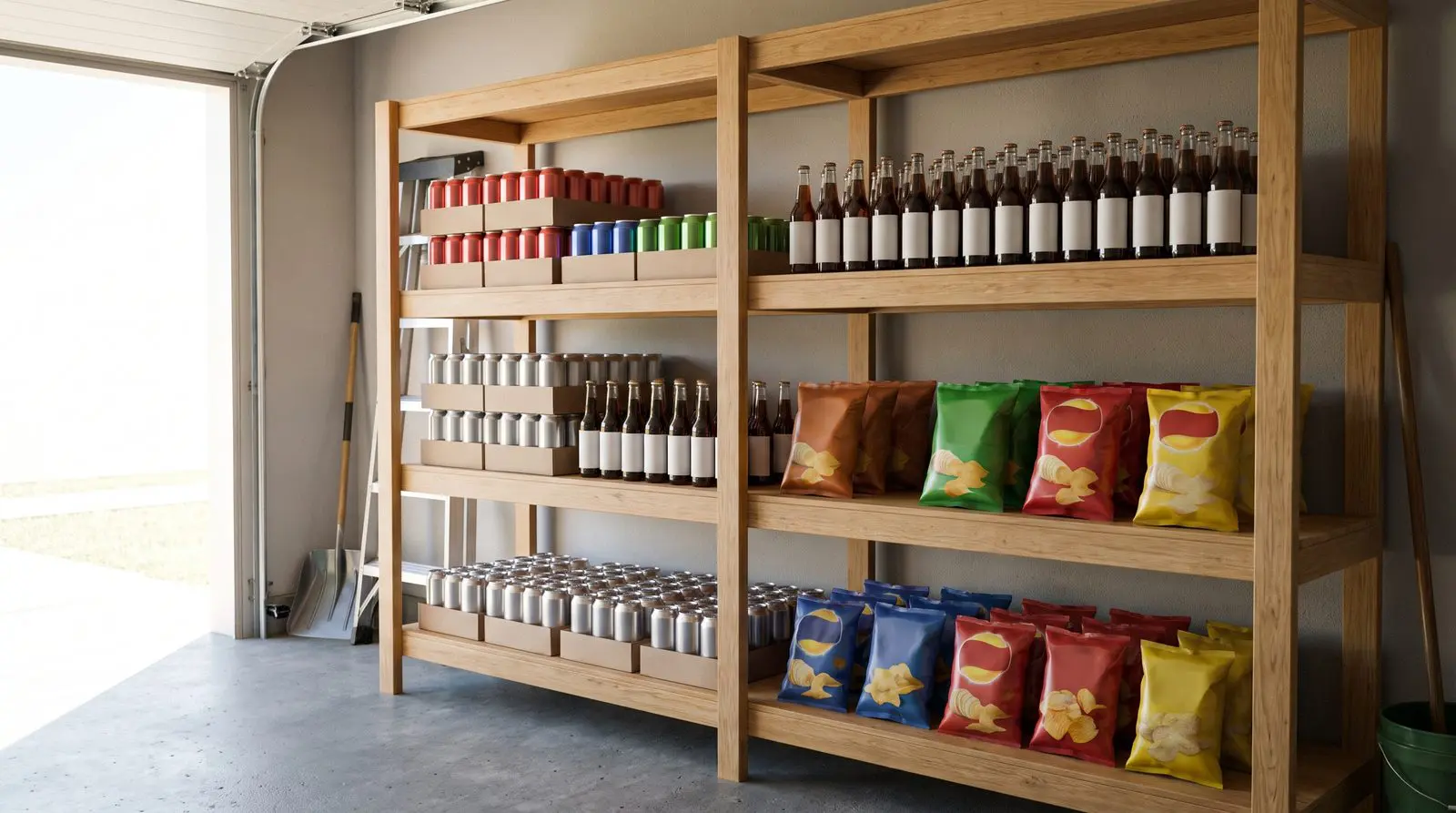 Garage shelf stocked with cases of soda and bags of snacks