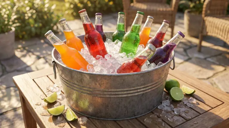 Mexican sodas in colorful glass bottles chilling in a tub of ice