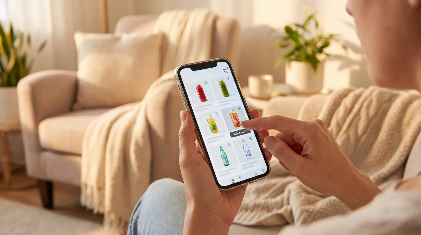Hands holding a phone adding cases of drinks to an online cart from the couch