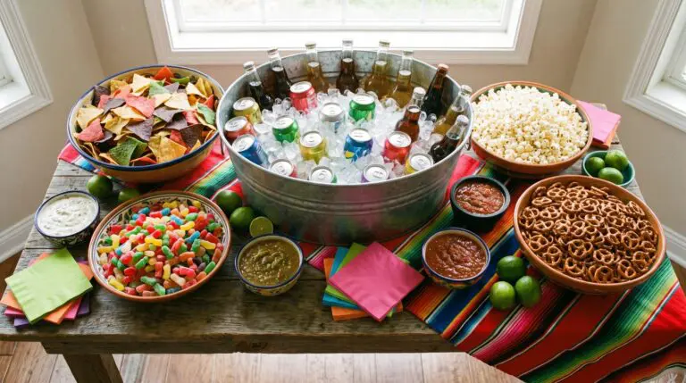 Overhead view of a party snack table with bowls of chips, candy, popcorn and a tub of iced sodas