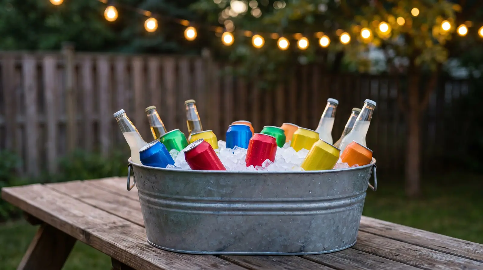Galvanized tub of ice filled with plain colorful soda cans and bottles under string lights at dusk