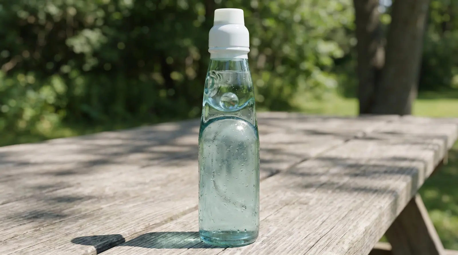 Ramune codd neck glass bottle with its marble resting in the neck chamber on a sunny picnic table