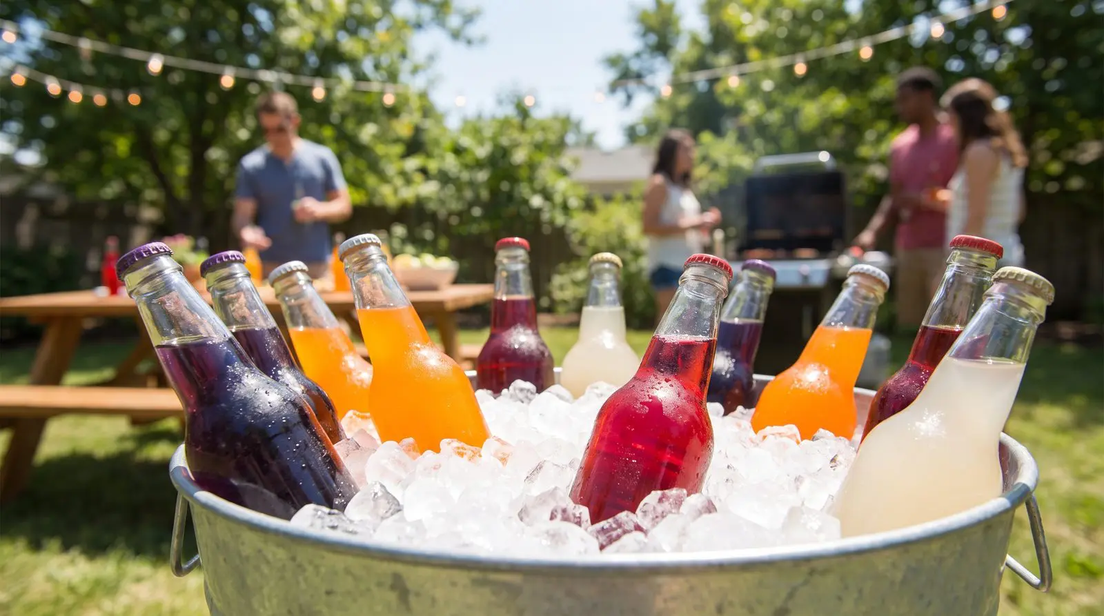 Metal tub of ice packed with colorful vintage glass soda bottles at a backyard barbecue
