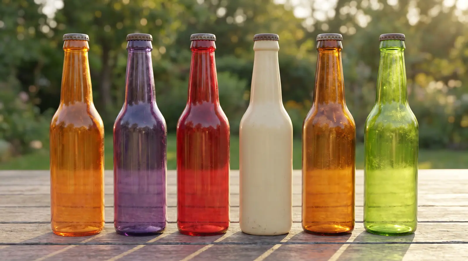 Row of colorful unlabeled vintage glass soda bottles on a weathered picnic table at golden hour