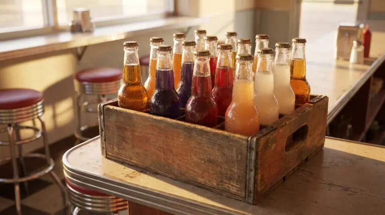 Wooden crate of colorful vintage glass soda bottles on a retro diner counter