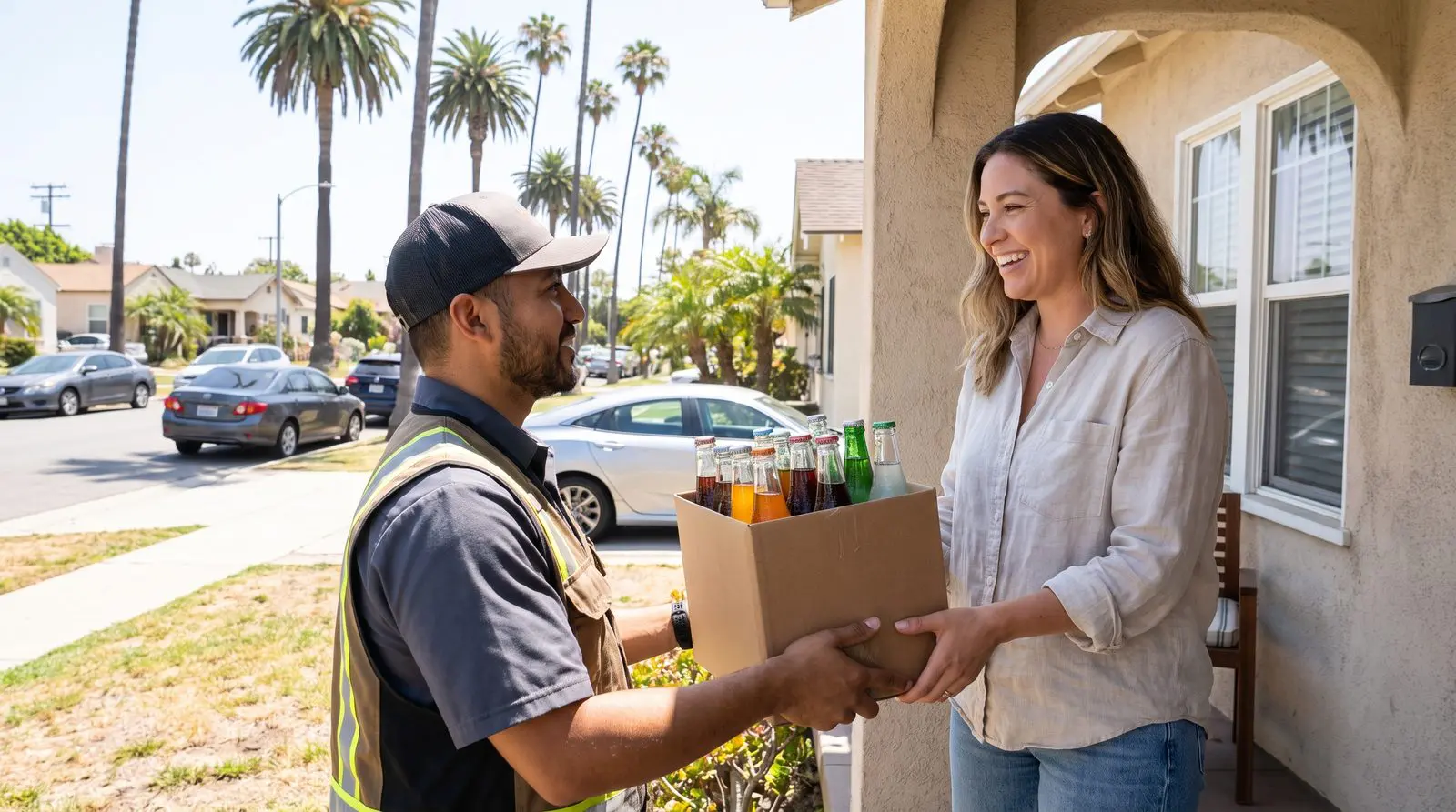 Delivery driver handing a case of glass bottle sodas to a customer at their front door