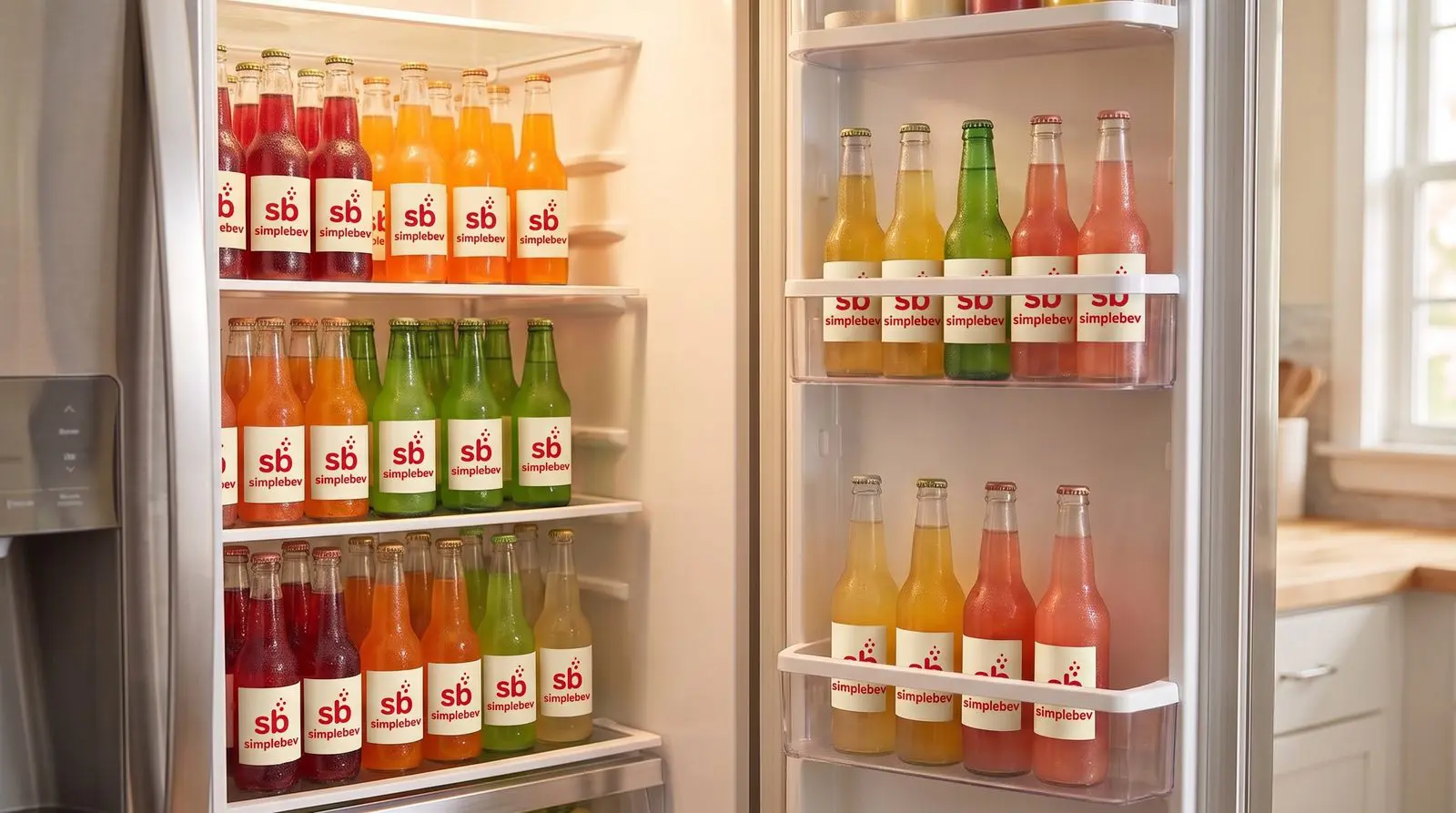 Home refrigerator stocked with SimpleBev branded glass soda bottles after a delivery
