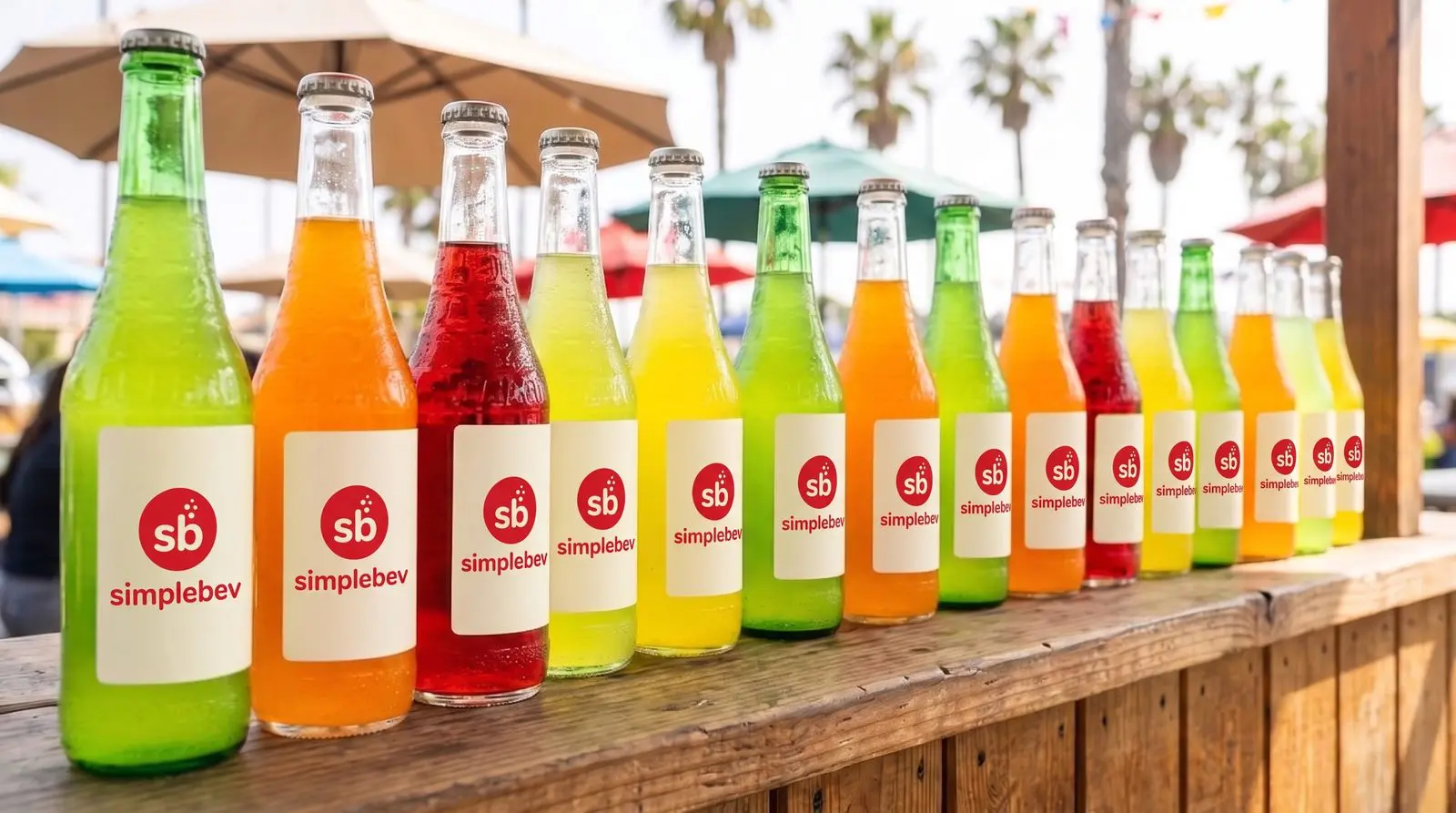 Colorful SimpleBev branded glass soda bottles lined up on a taco stand counter in Los Angeles
