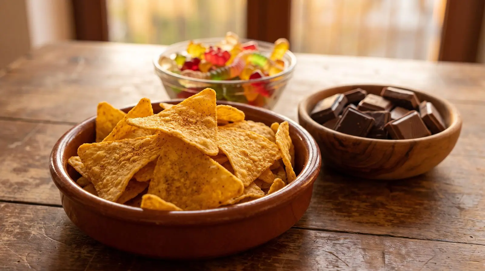 Bowls of tortilla chips, gummy candy and chocolate pieces on a wooden table