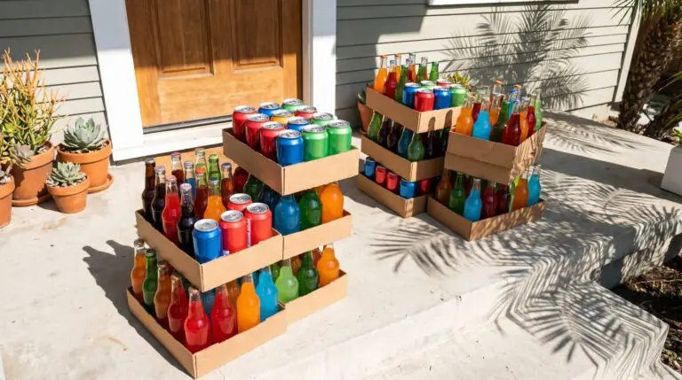 Cases of soda and snacks stacked on the doorstep of a Los Angeles home on a sunny day