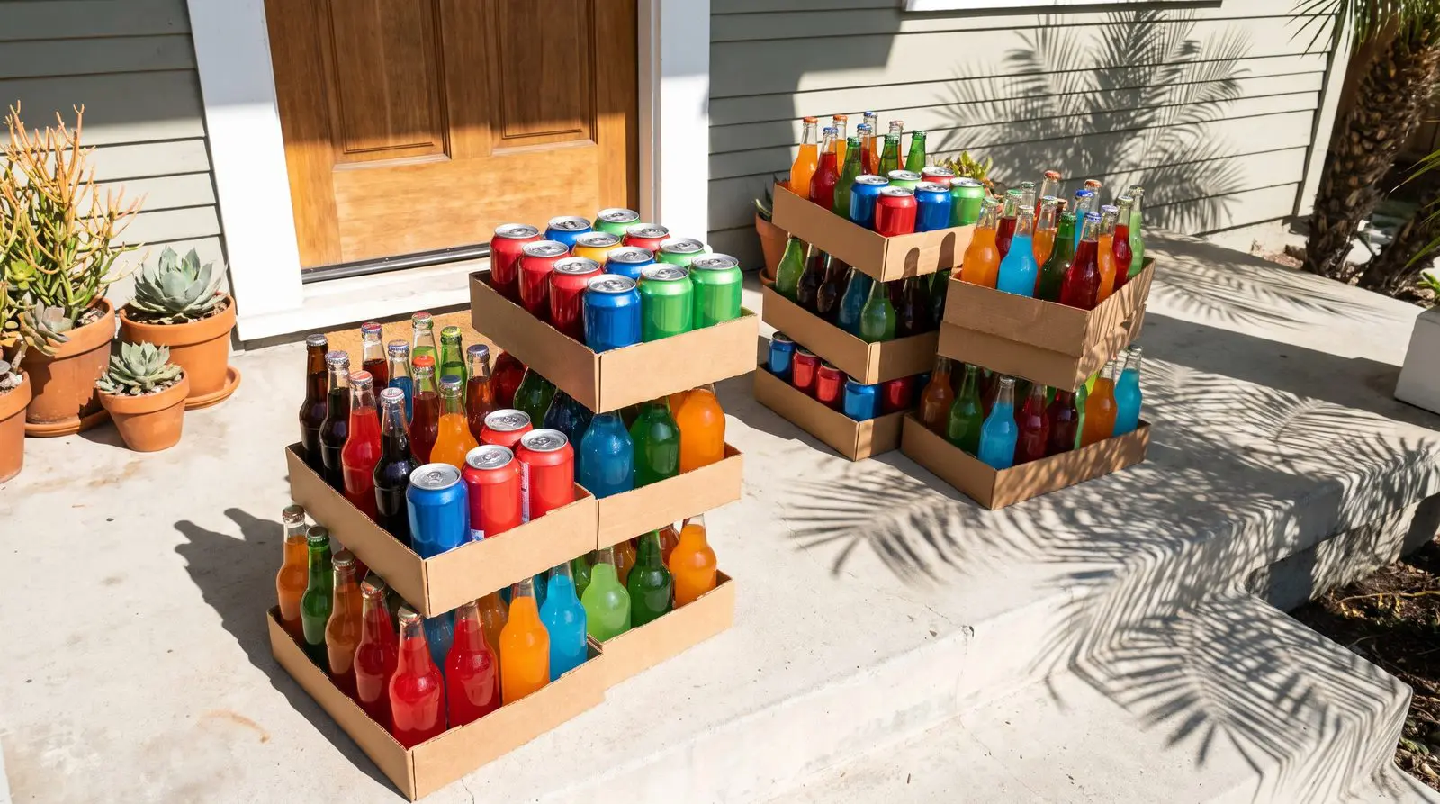 Cases of soda and snacks stacked on the doorstep of a Los Angeles home on a sunny day