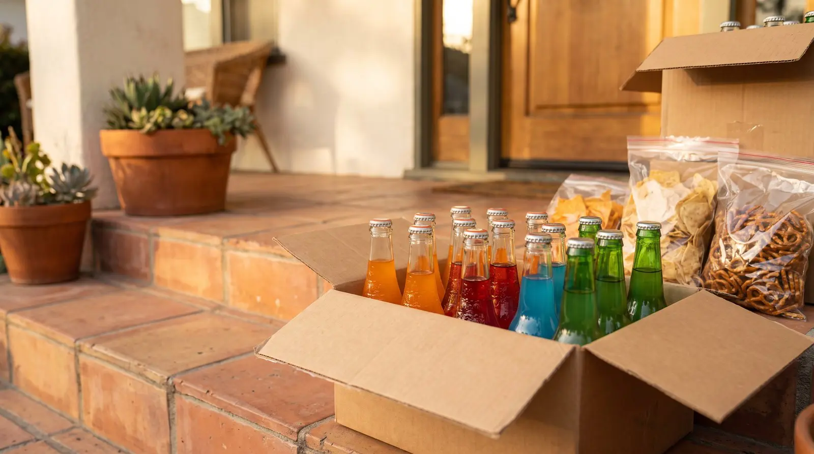 Open delivery box of colorful glass soda bottles with bags of chips and pretzels on a Los Angeles porch