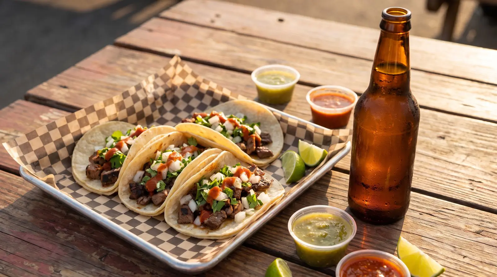 Street tacos on a tray next to an ice cold glass soda bottle on a sunny outdoor table