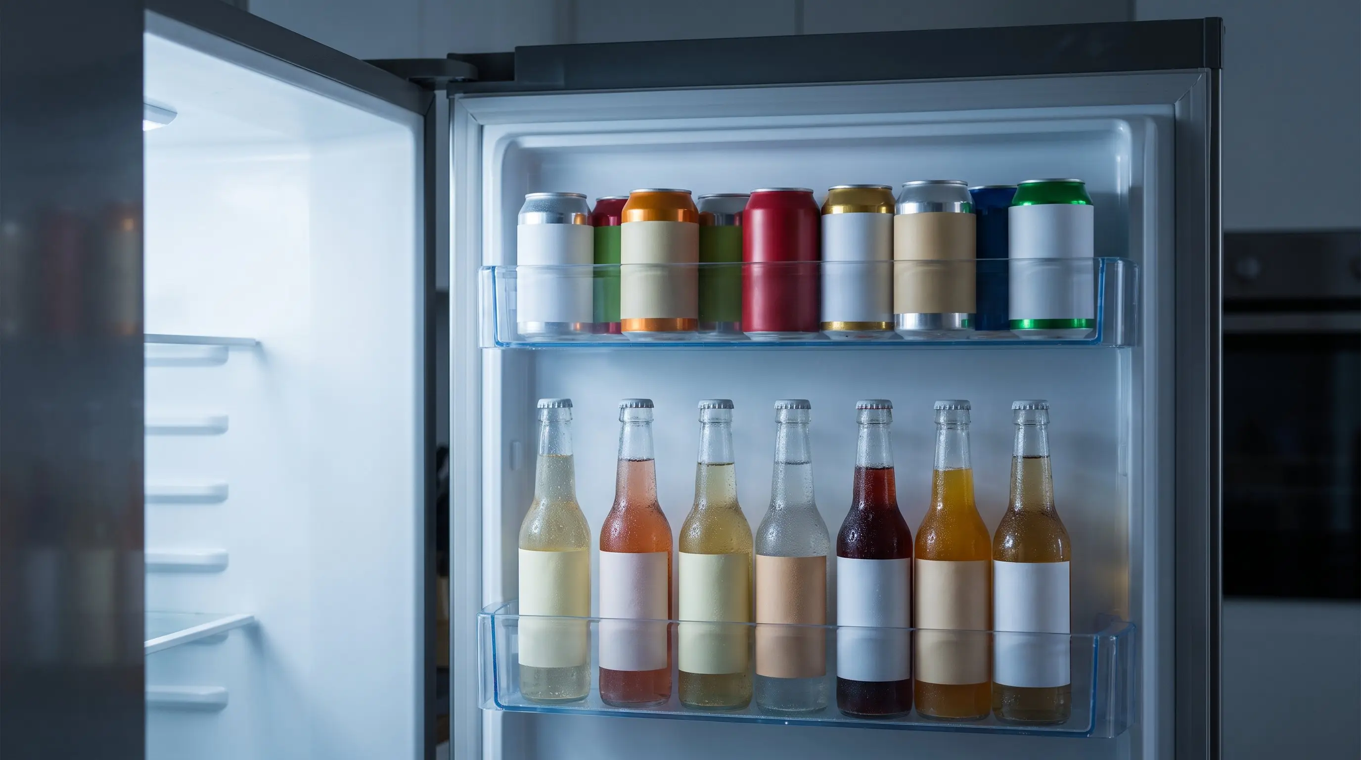 Refrigerator shelves stocked with soda cans and glass bottles