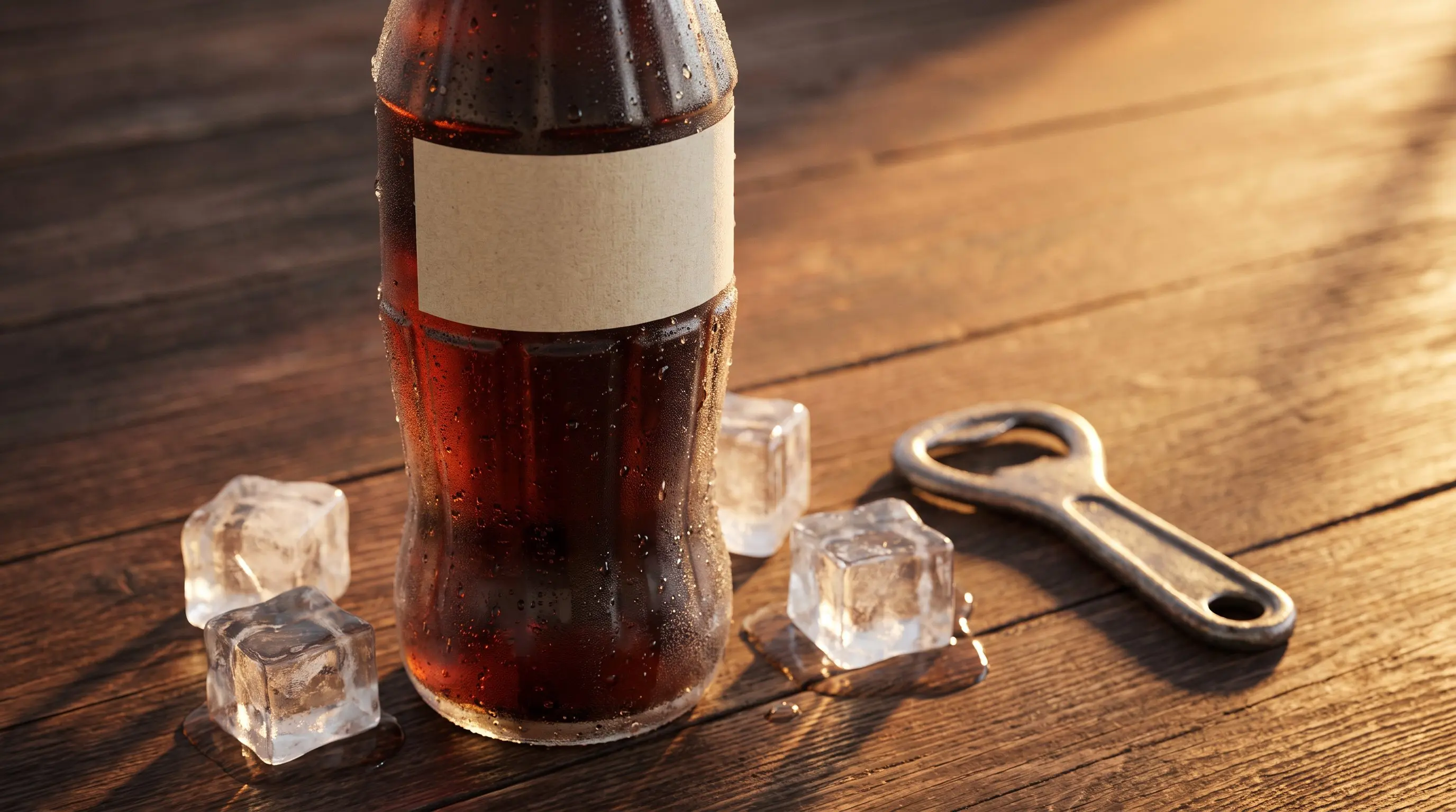 A chilled glass cola bottle with condensation on a wood table beside a bottle opener