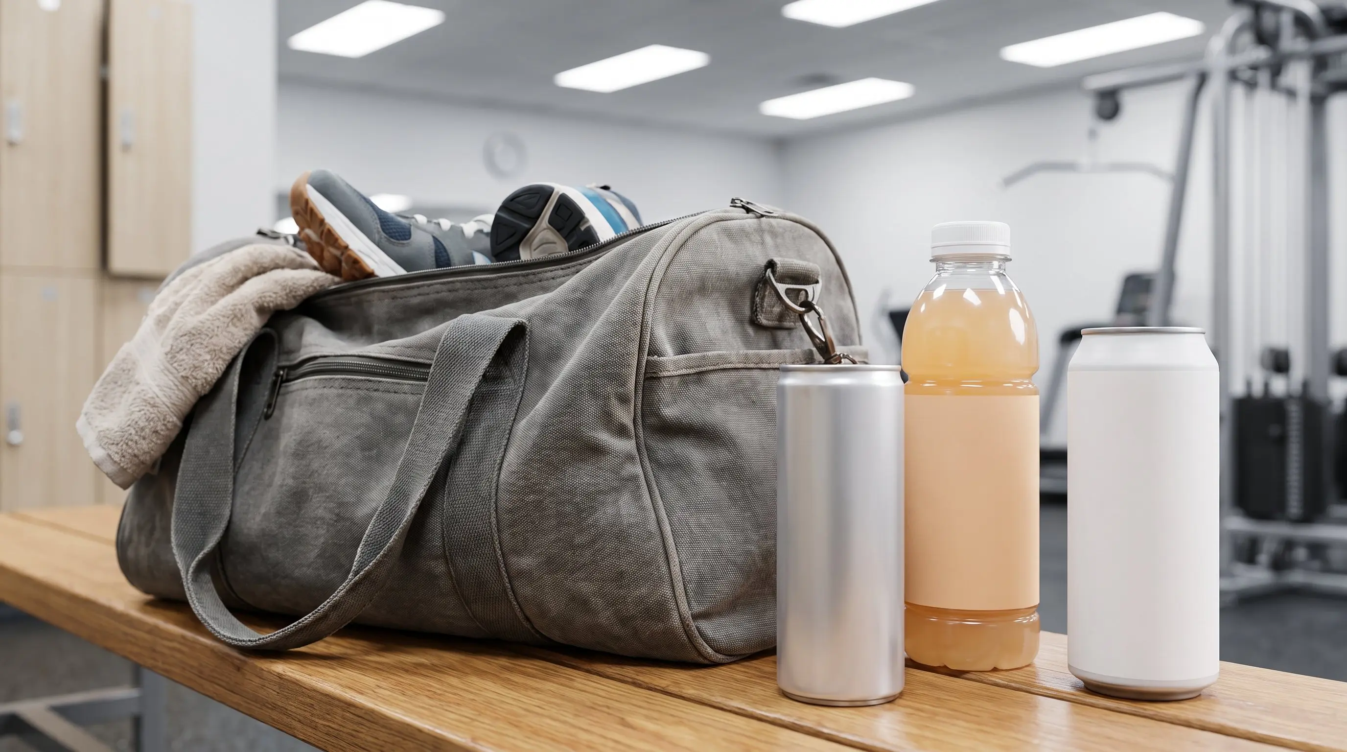 Energy drink, electrolyte drink and coconut water beside an open gym bag