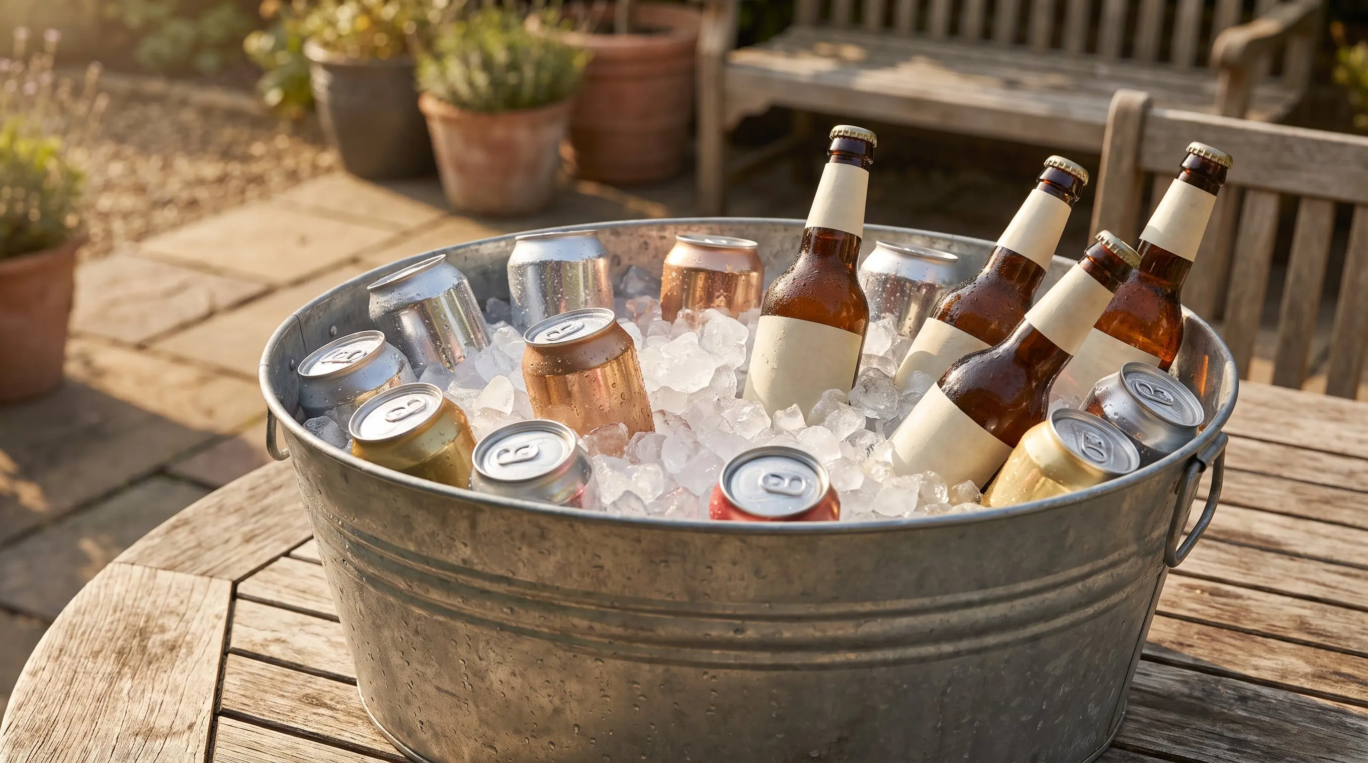 A metal tub full of ice and soda cans on a patio table