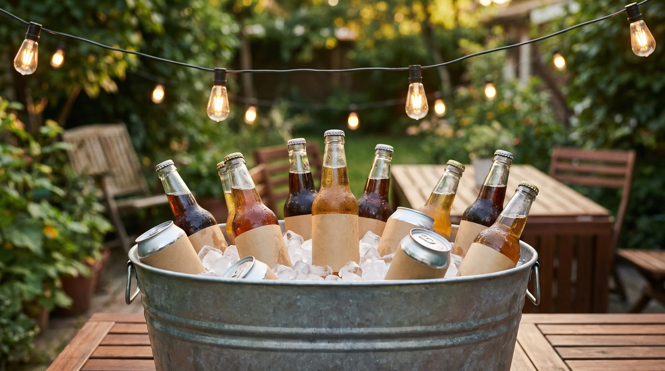 An ice filled tub of assorted international sodas at a backyard party