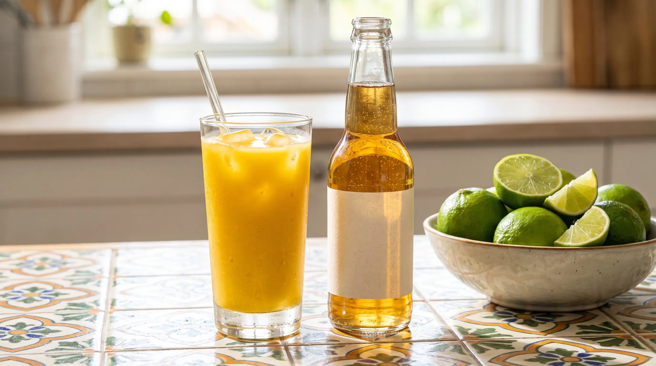 A glass of mango pulp drink and a sparkling apple soda on a tiled table with limes