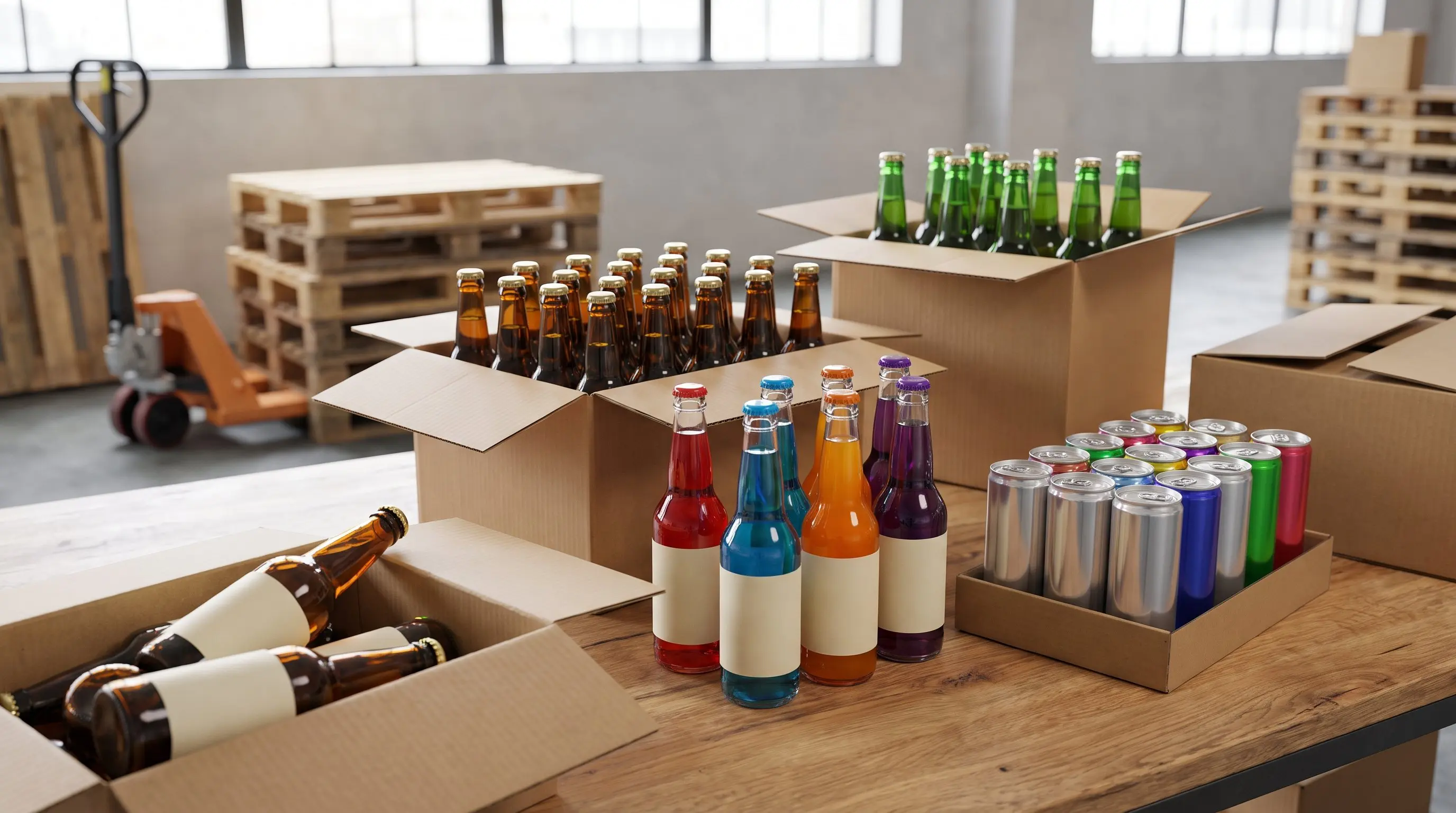 Freshly opened cases of glass bottles and cans on a warehouse receiving table