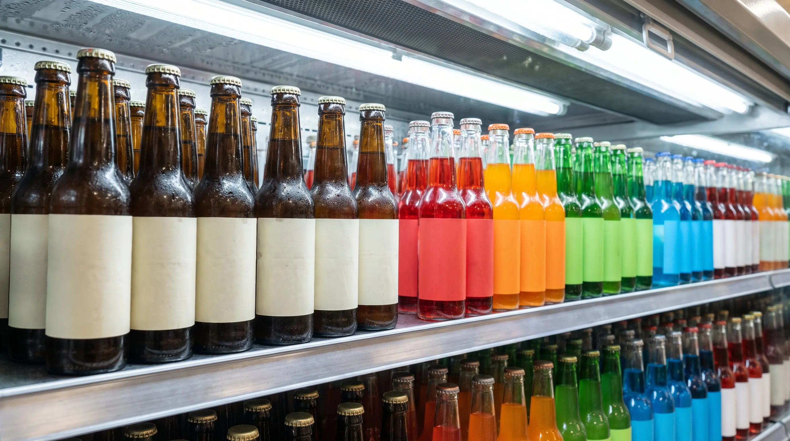 A freshly stocked cooler shelf of non alcoholic beer and craft soda in glass