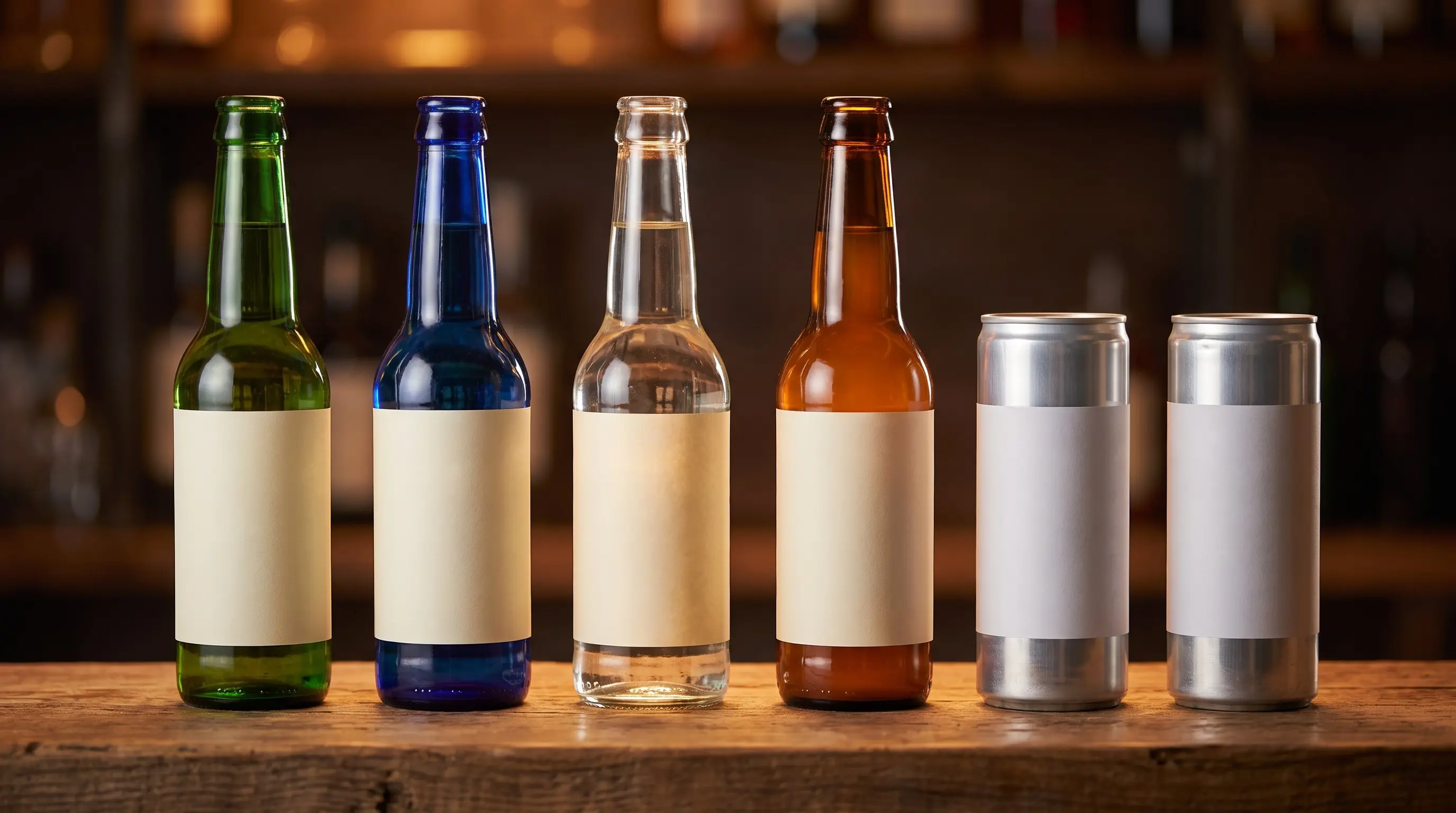 Six non alcoholic beers in bottles and cans lined up on a bar shelf