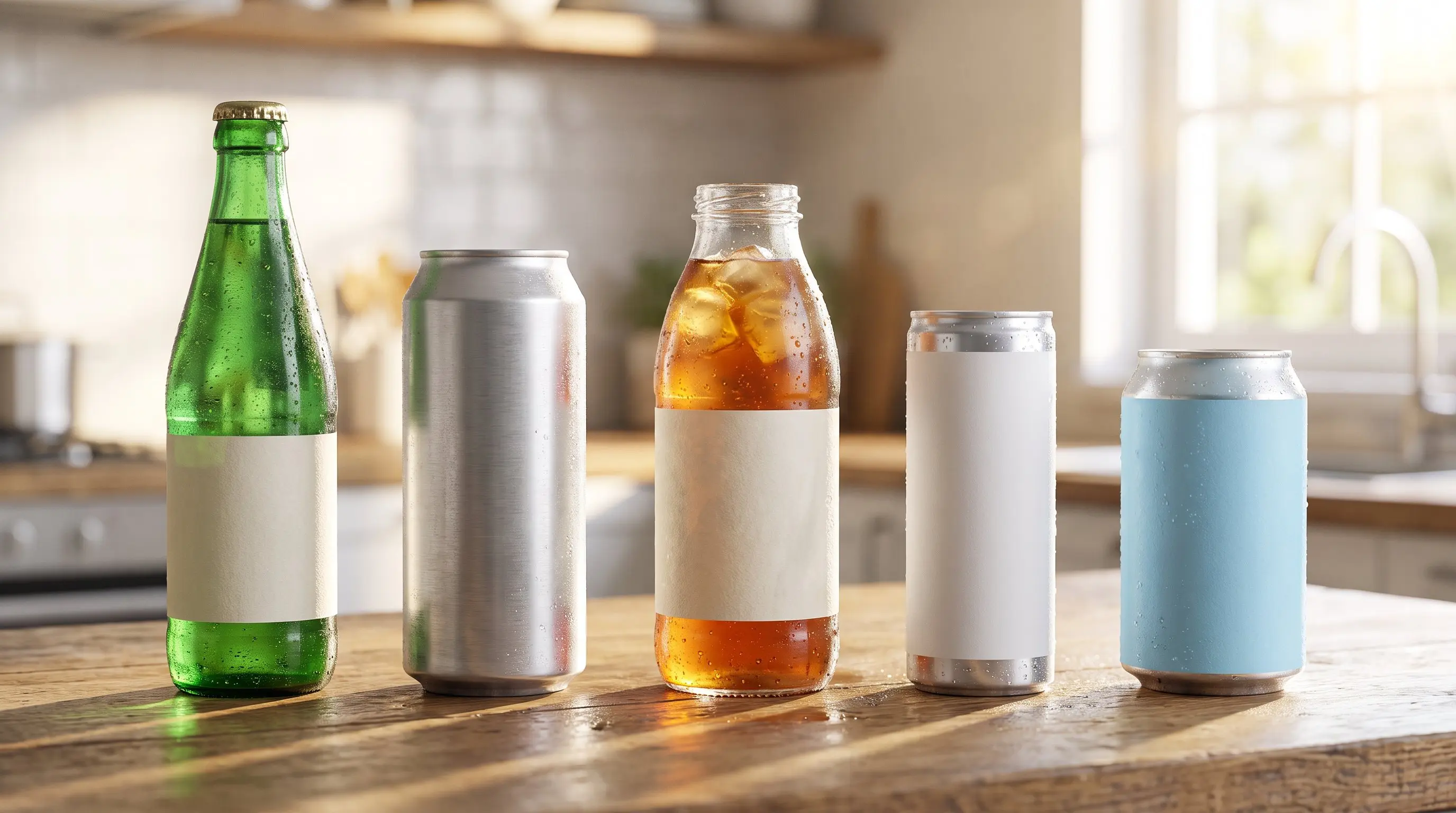A row of sparkling water, iced tea, energy drink and coconut water containers on a kitchen island