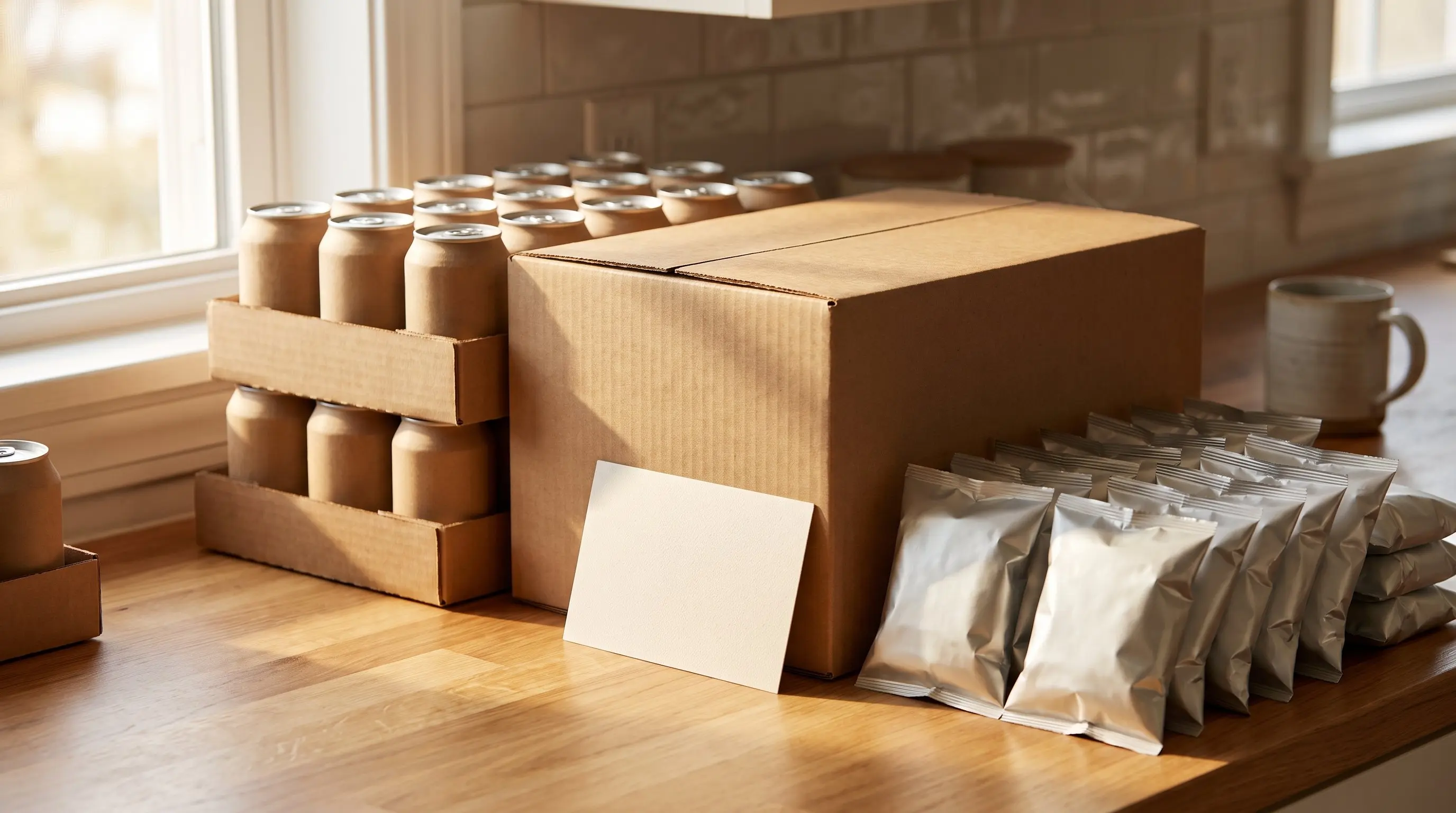 Stacked cases of soda and rows of snack bags on a kitchen counter before a party