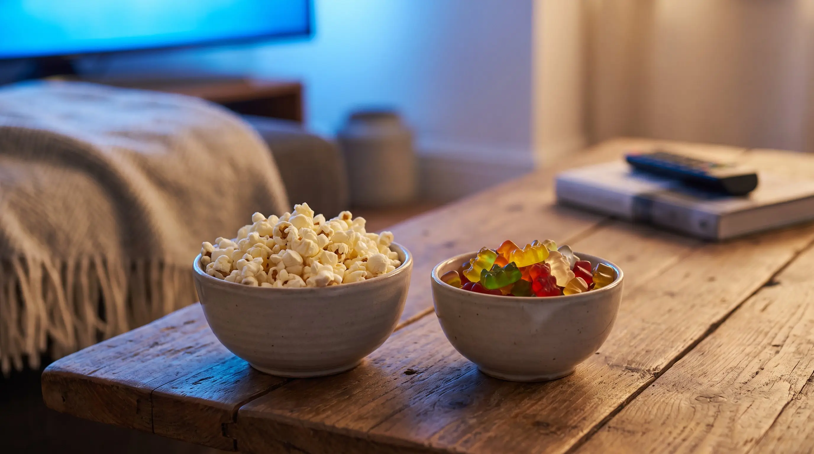 Bowls of popcorn and gummy bears on a coffee table lit by a television
