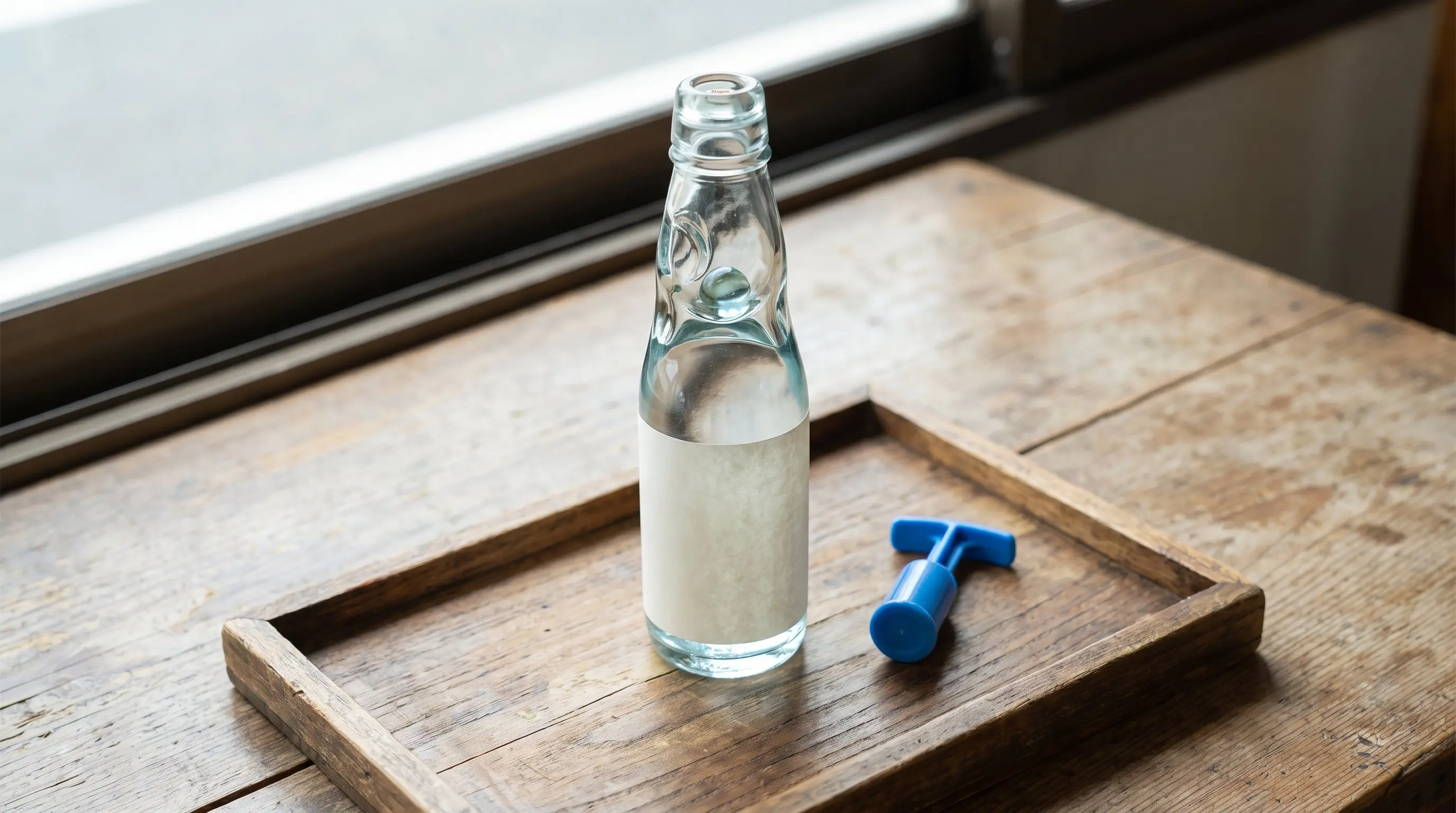 A Japanese marble stopper soda bottle on a wooden tray