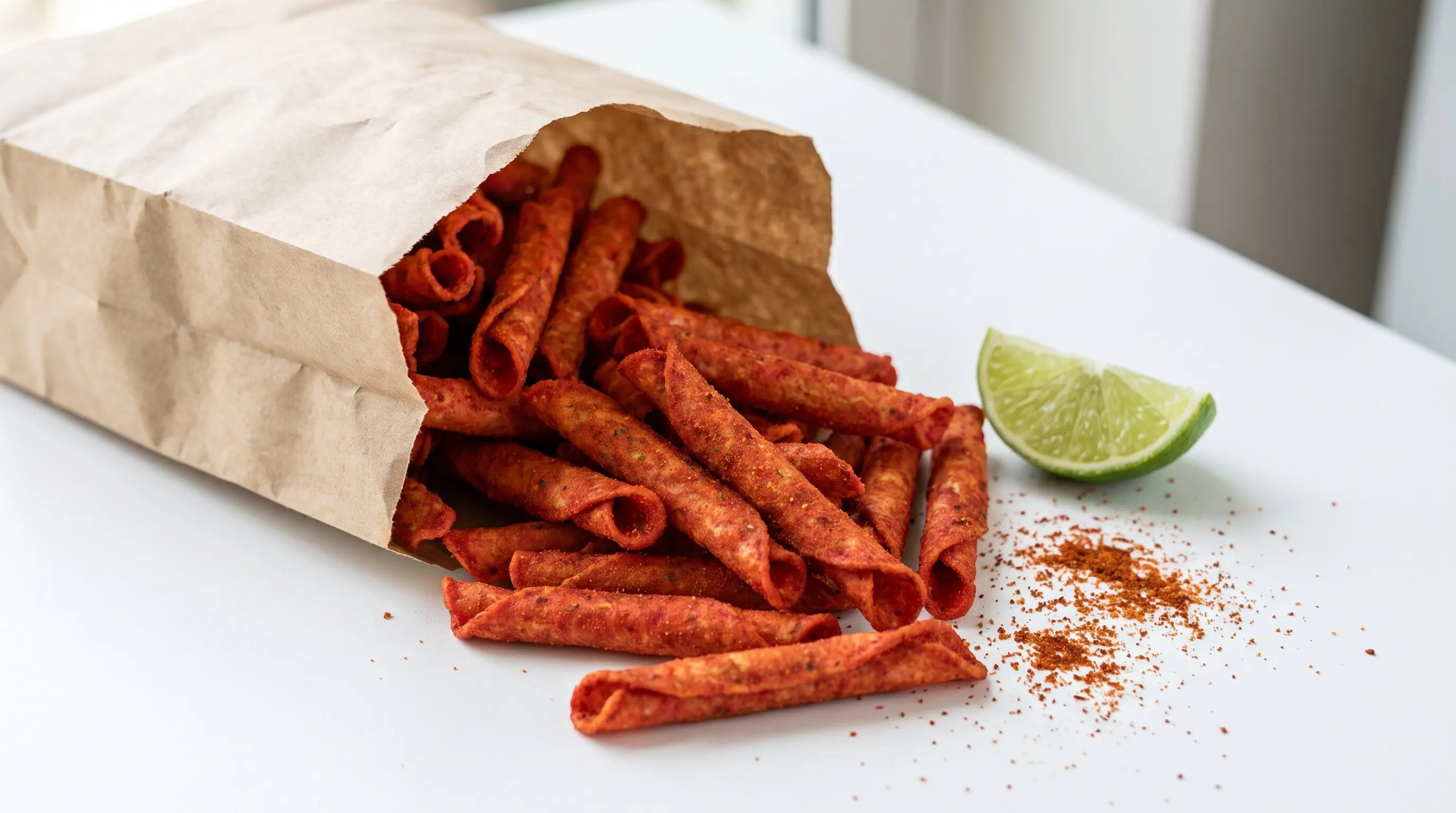 Rolled chili lime tortilla chips spilling from a plain bag beside a lime wedge