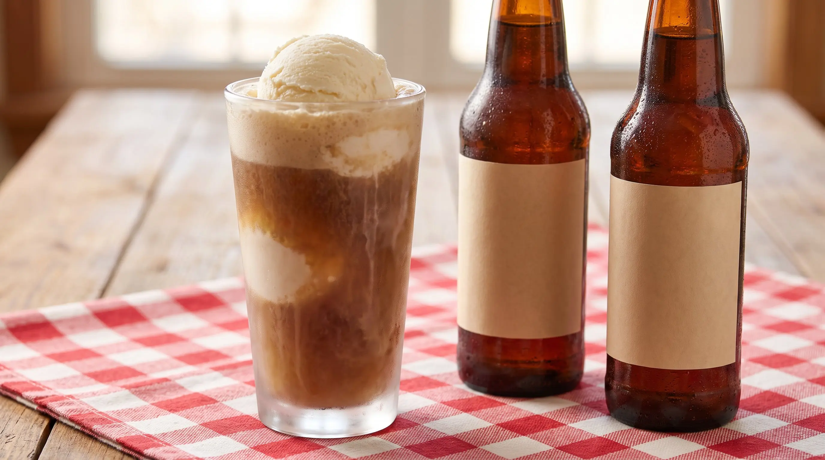 A root beer float beside amber glass soda bottles on a checkered tablecloth