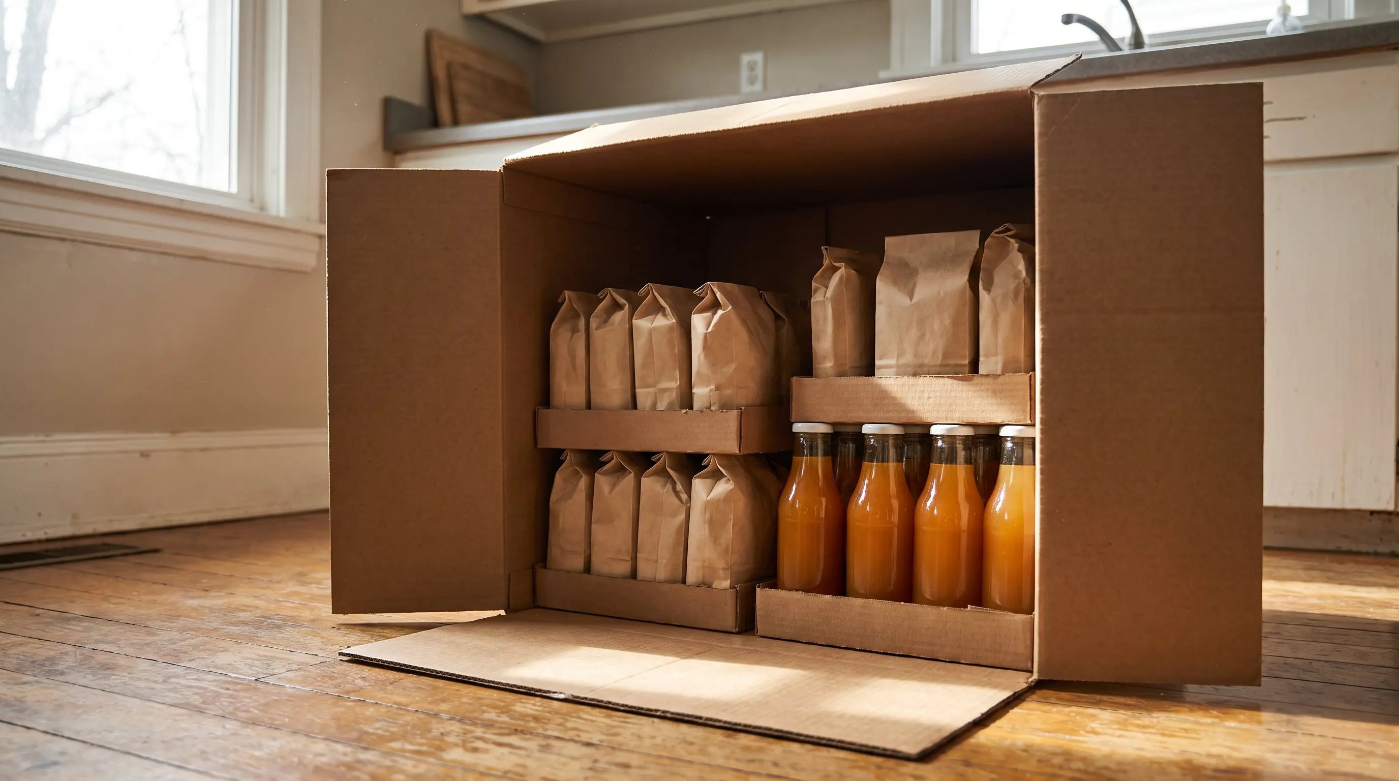 An open delivery box with cases of snacks and glass bottled drinks on a kitchen floor