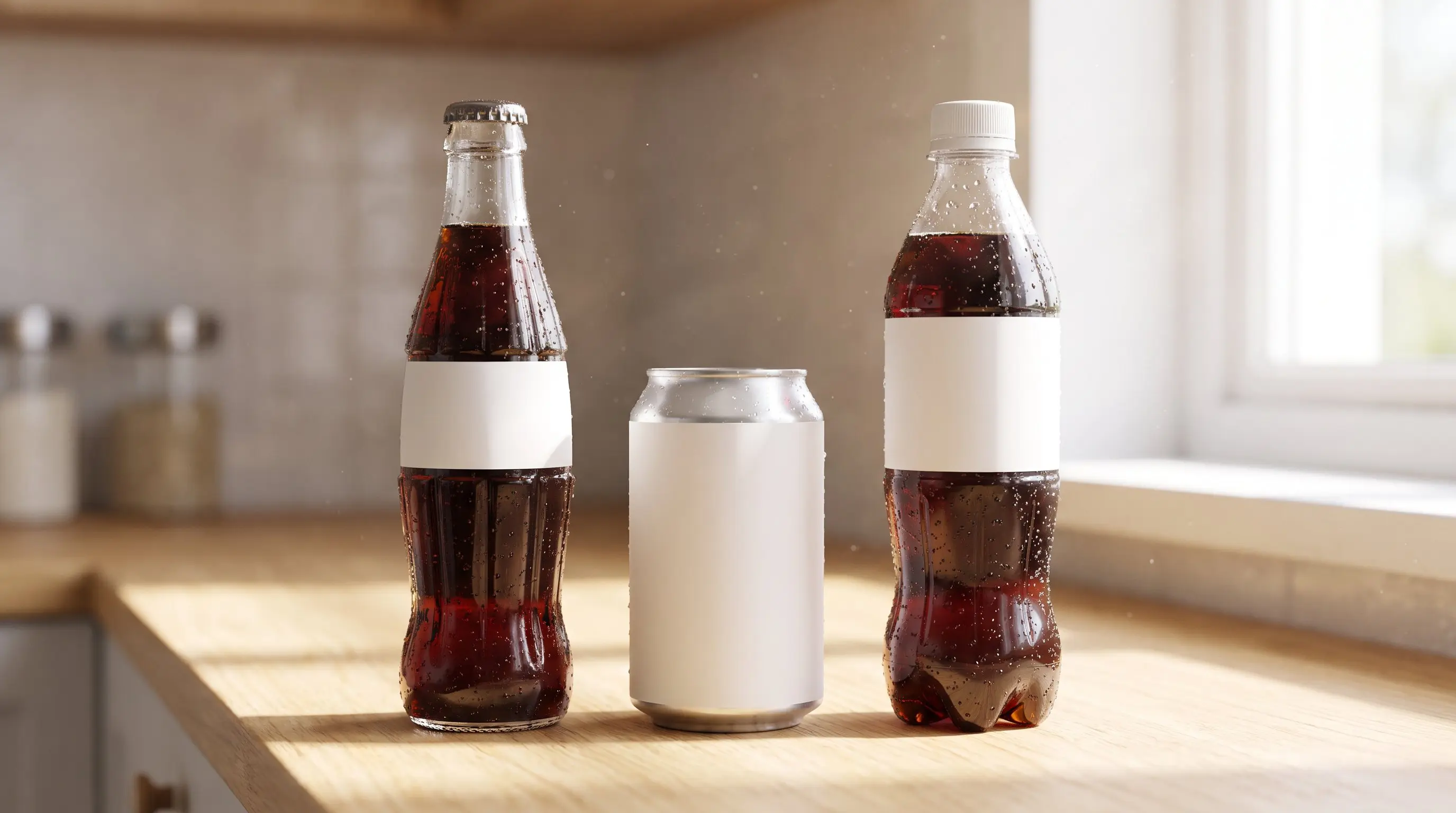 The same cola in a glass bottle, a can and a plastic bottle side by side on a kitchen counter