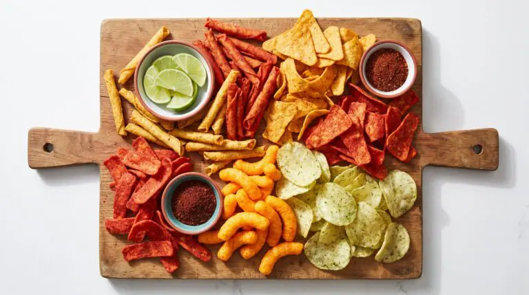 A board piled with spicy rolled tortilla chips, corn chips and cheese puffs with lime wedges