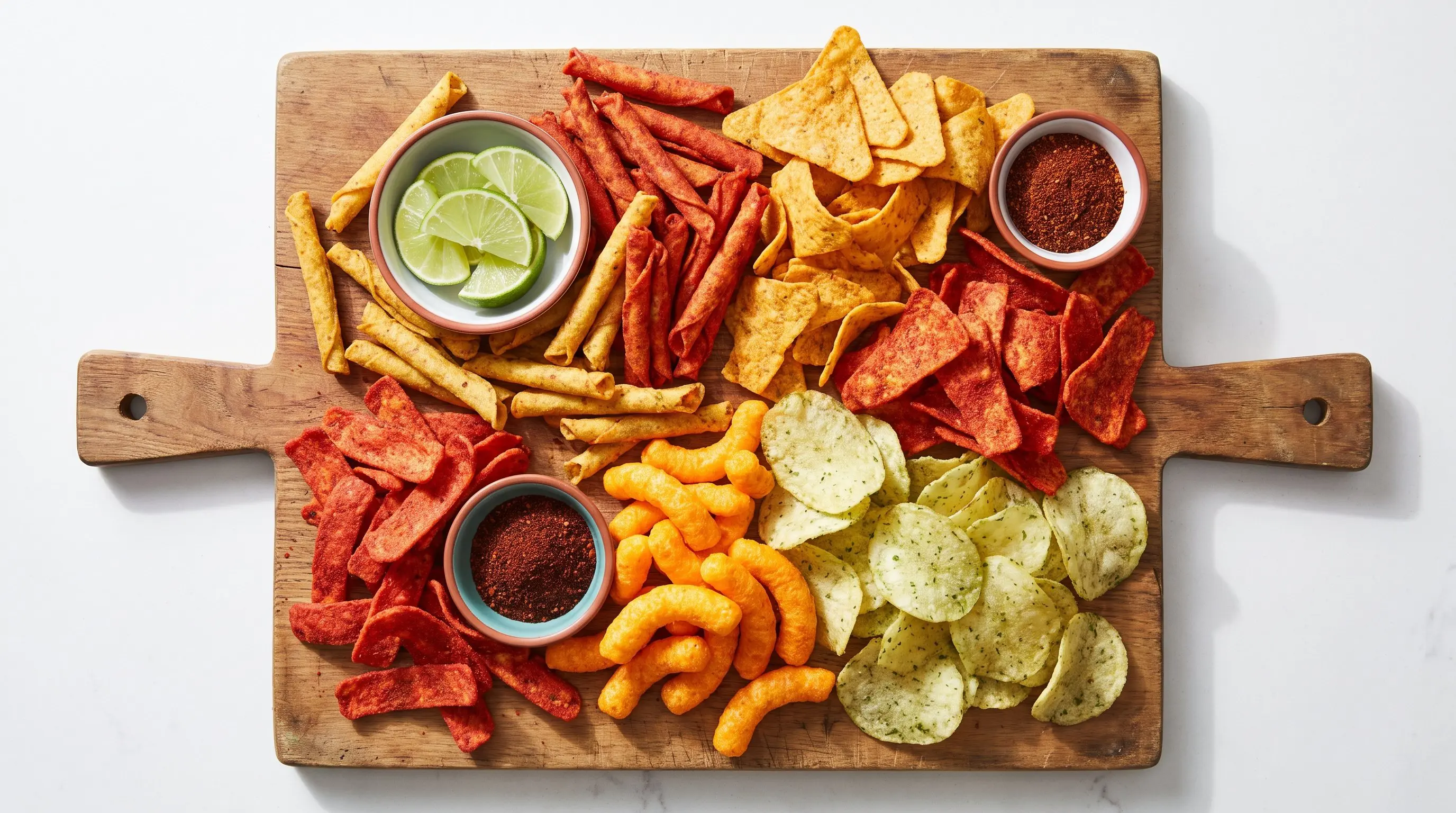 A board piled with spicy rolled tortilla chips, corn chips and cheese puffs with lime wedges