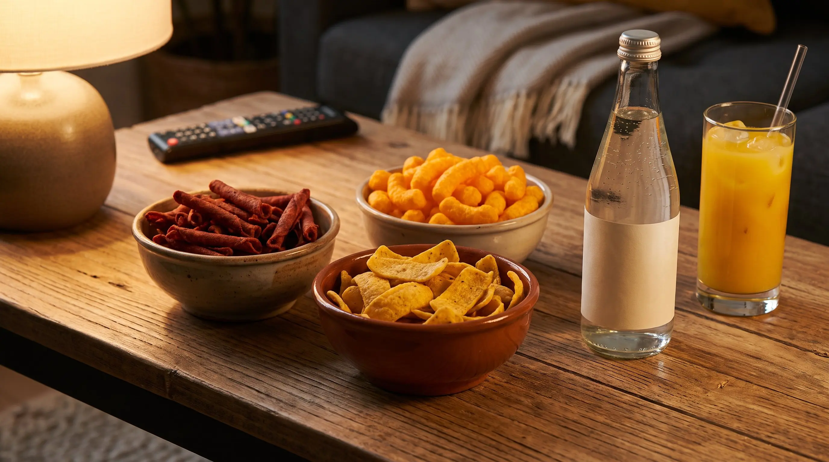 Bowls of spicy snacks on a coffee table beside sparkling water and a mango drink