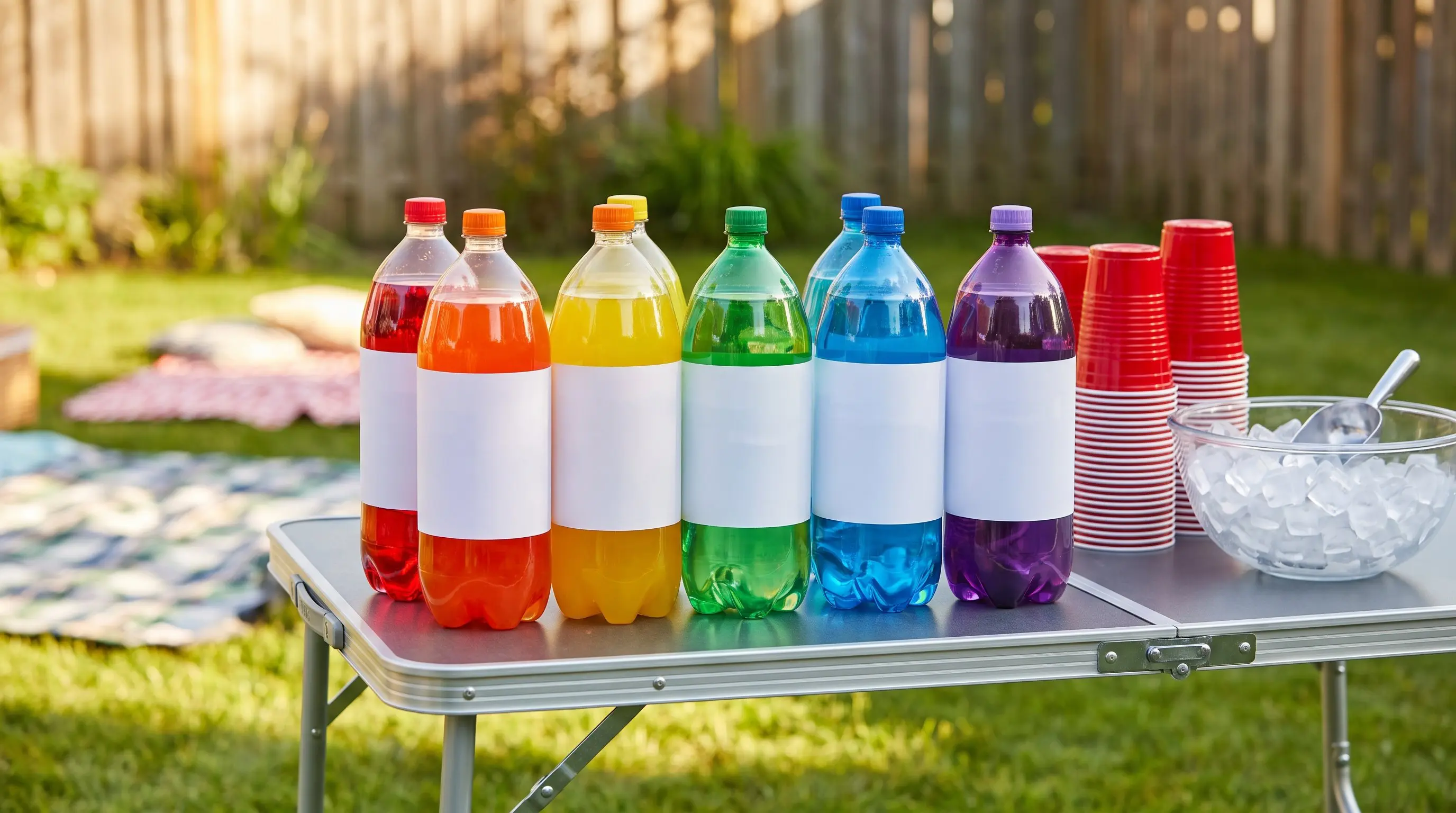 Two liter soda bottles lined up on a backyard party table beside cups and ice