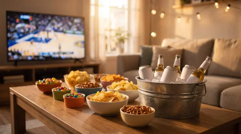 A living room game day spread with snack bowls and a tub of iced drinks in front of a television