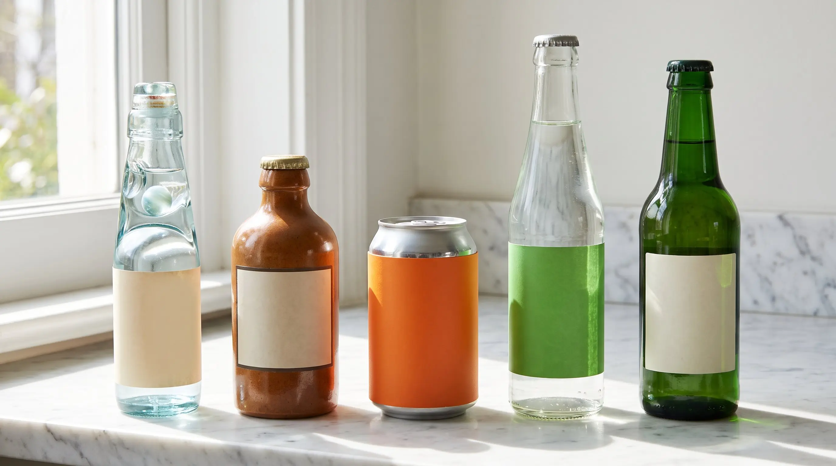 A lineup of soda bottles from around the world on a marble counter