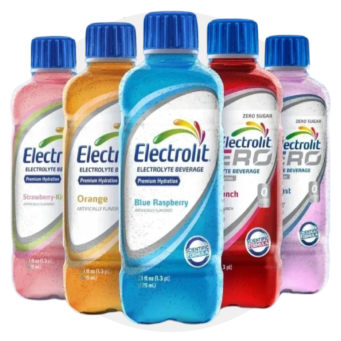 Electrolit electrolyte drink bottles in strawberry kiwi, orange, blue raspberry and fruit punch flavors