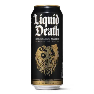 Sparkling water can with bold branding.