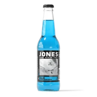 Blue Jones soda bottle with label