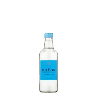 Clear glass bottle with blue label