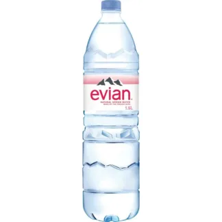 Clear plastic bottle with Evian label