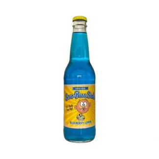 Sour Puss Soda in blue glass bottle.