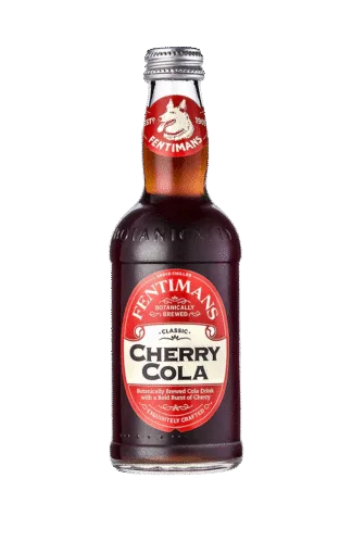 Classic cherry cola beverage in bottle.