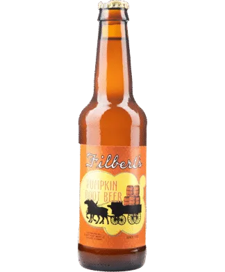 Amber-colored beer bottle with a western-themed label featuring a horse-drawn carriage.